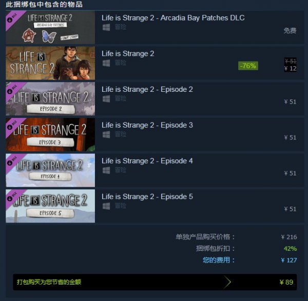 《奇异人生2》完整版上架Steam 折扣价127元